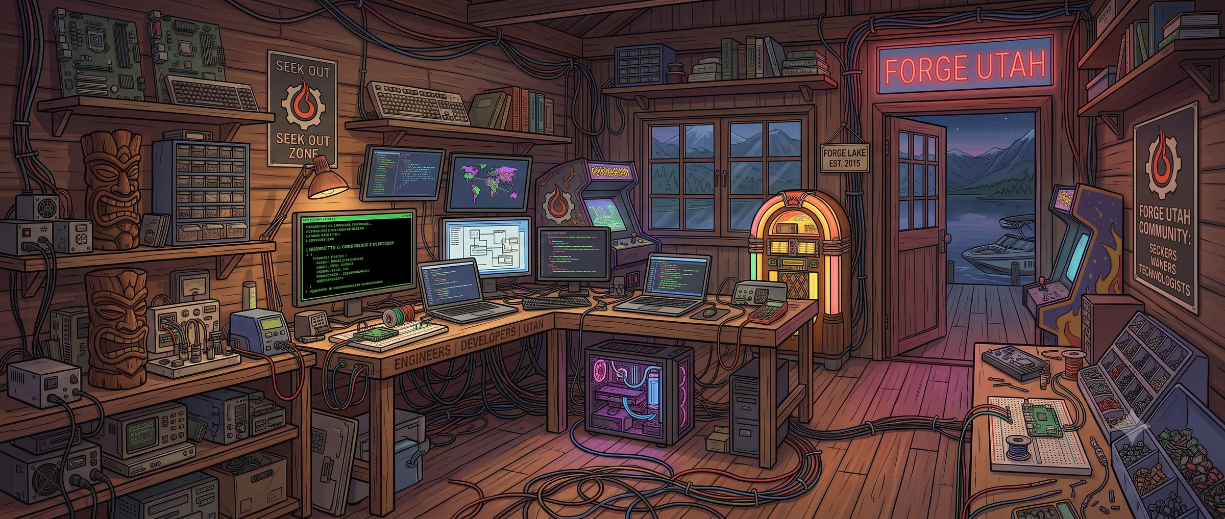 Inside the Forge Utah clubhouse — workbenches of monitors, code, an arcade cabinet and a jukebox