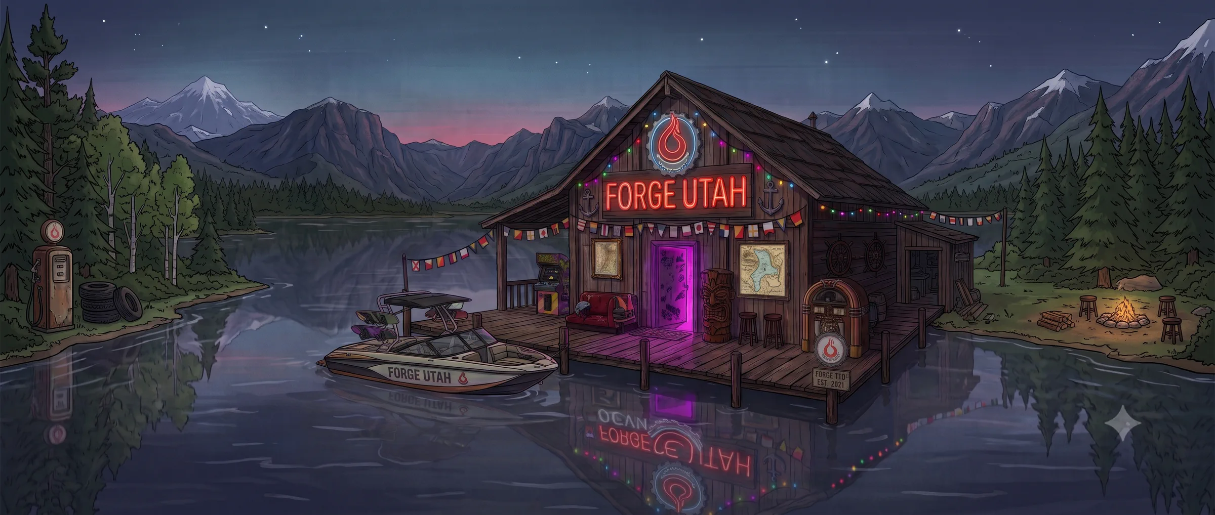 The Forge Utah clubhouse at dusk — a lakeside cabin with a neon Forge Utah sign